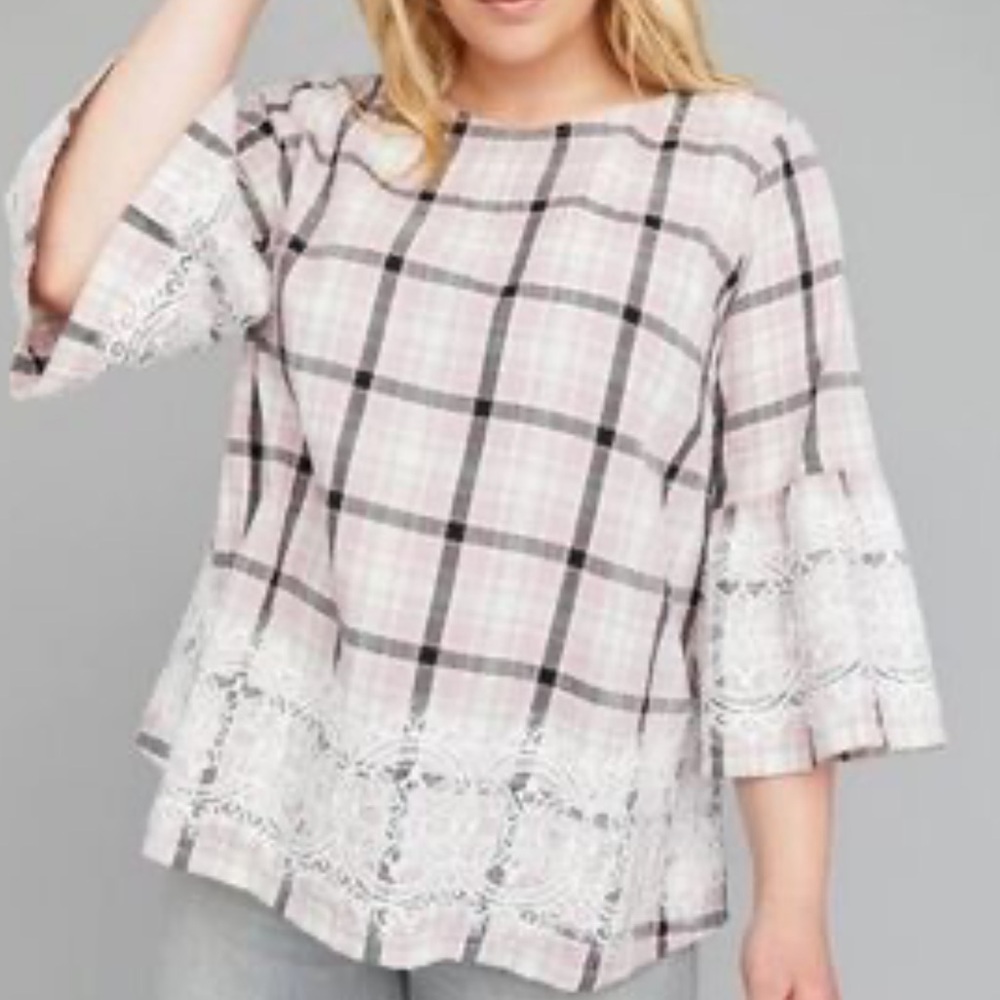 Lane Bryant plaid and lace detail top